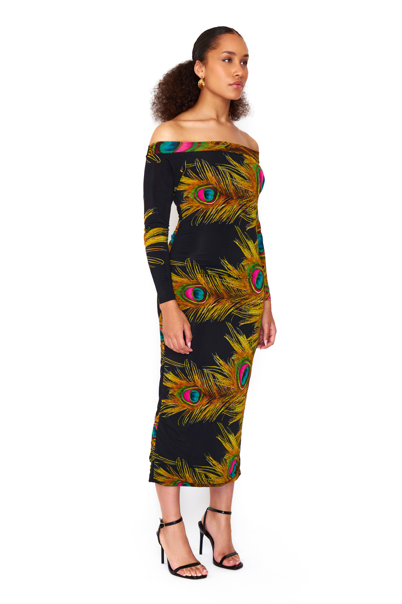 PEACOCK OFF THE SHOULDER MIDAXI DRESS