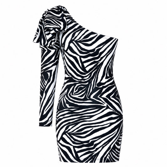 ZEBRA ONE SHOULDER BOW DRESS